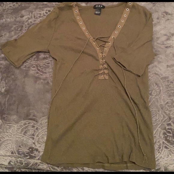 Army green lace up neckline ribbed shirt - Picture 1 of 1